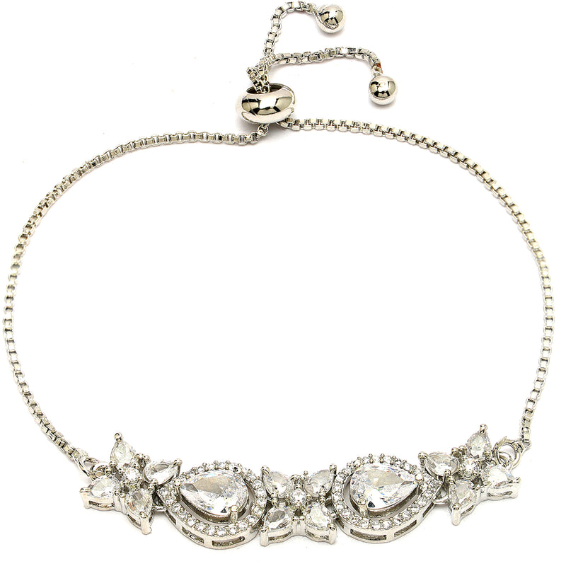 Rhodium Plated Silver Toned White Flower & Teardrop American Diamond Studded Wraparound Adjustable Bracelet