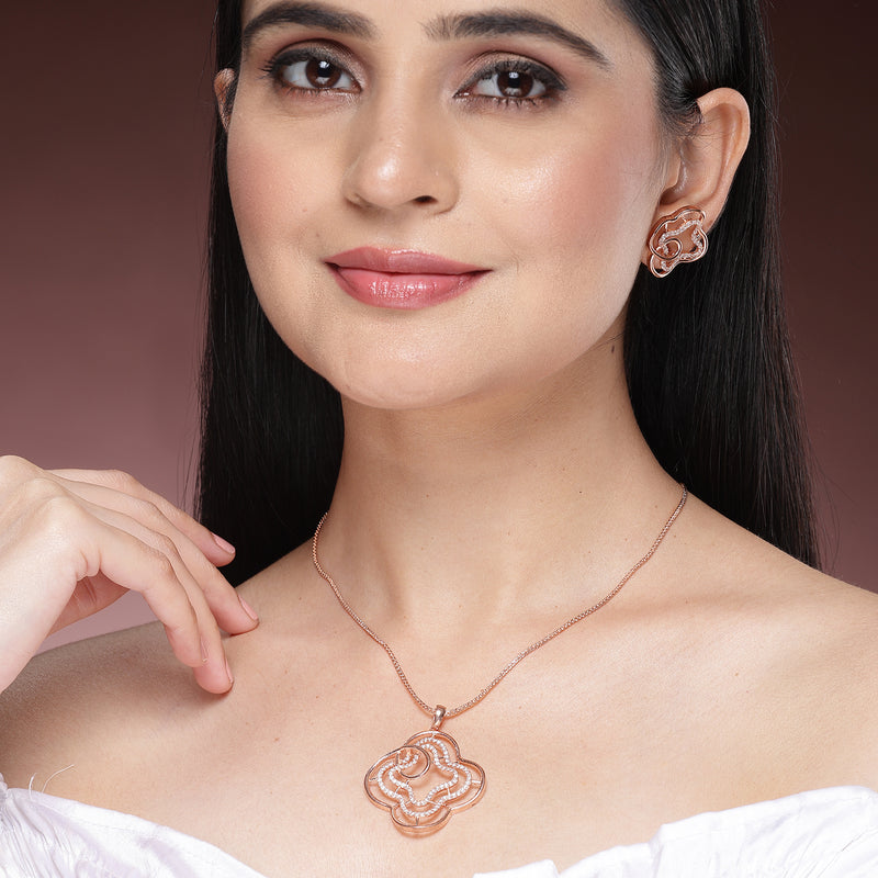 Rose Gold Plated with White American Diamond Studded Pendent Set