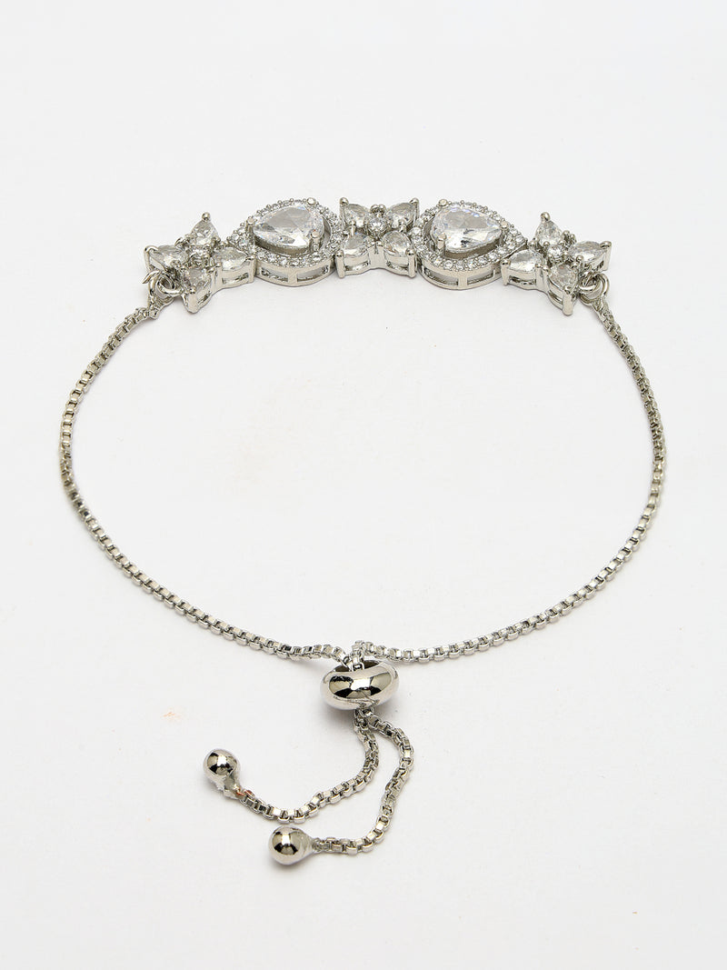 Rhodium Plated Silver Toned White Flower & Teardrop American Diamond Studded Wraparound Adjustable Bracelet