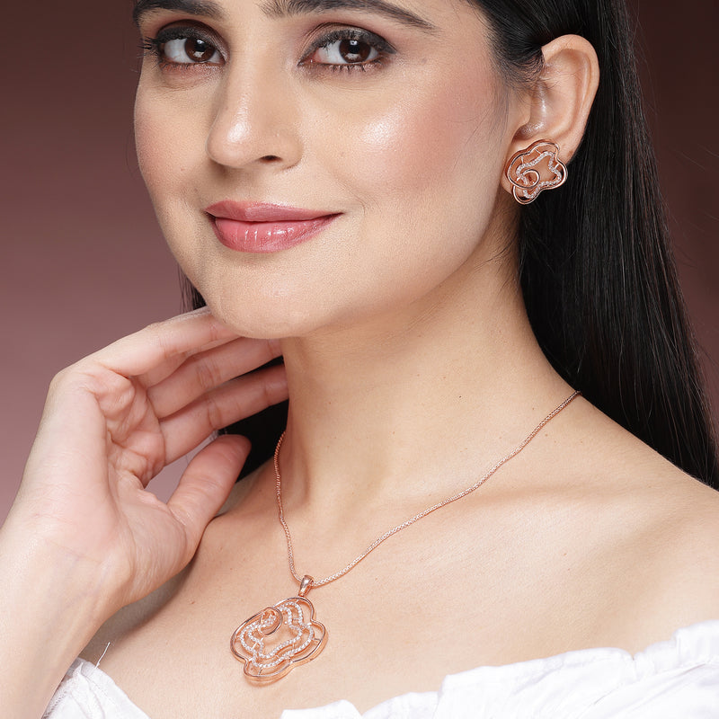 Rose Gold Plated with White American Diamond Studded Pendent Set