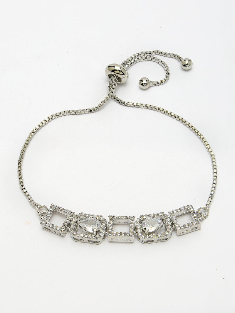 Rhodium Plated Silver Toned White Square Cut & Teardrop American Diamond Studded Wraparound Adjustable Bracelet