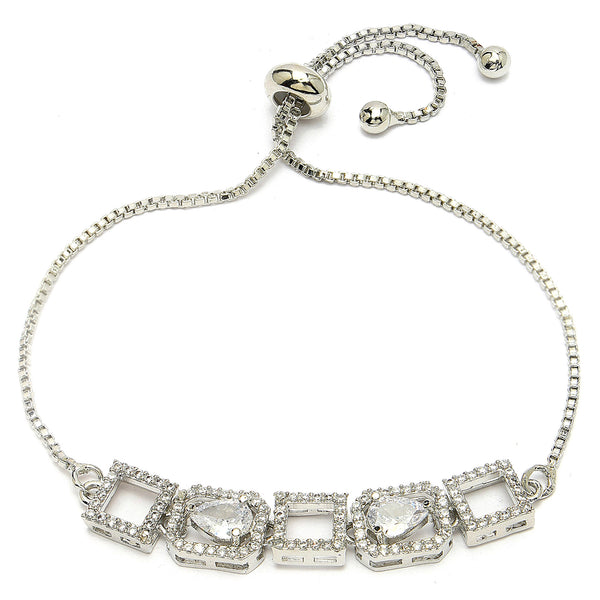Rhodium Plated Silver Toned White Square Cut & Teardrop American Diamond Studded Wraparound Adjustable Bracelet