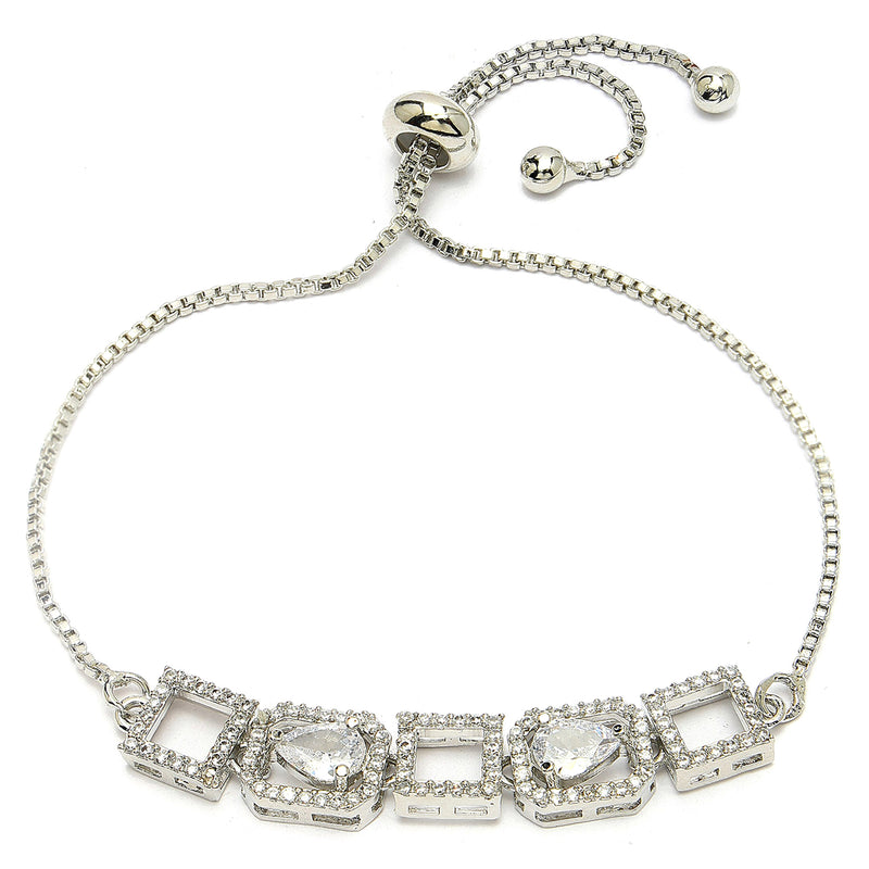 Rhodium Plated Silver Toned White Square Cut & Teardrop American Diamond Studded Wraparound Adjustable Bracelet