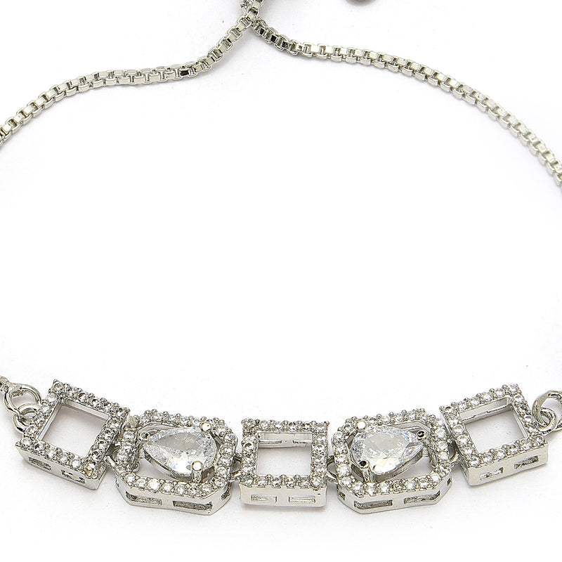 Rhodium Plated Silver Toned White Square Cut & Teardrop American Diamond Studded Wraparound Adjustable Bracelet