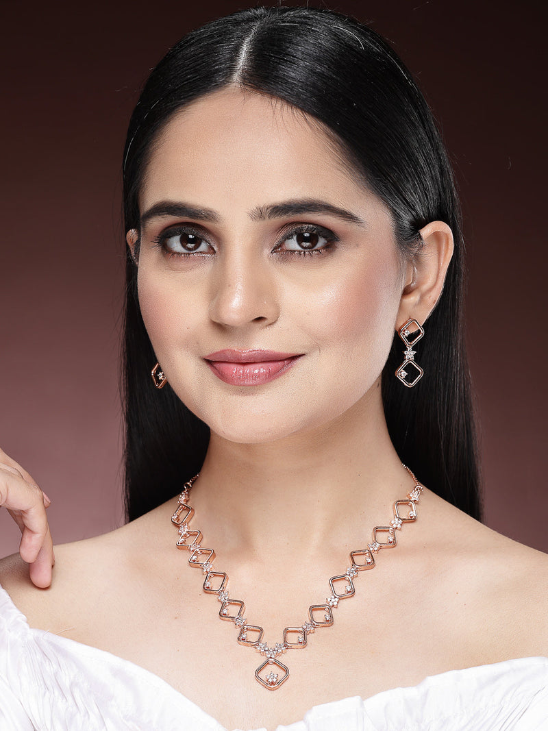 Rose Gold Plated Square Blossom Design with White American Diamond Stone Studded Jewellery Set