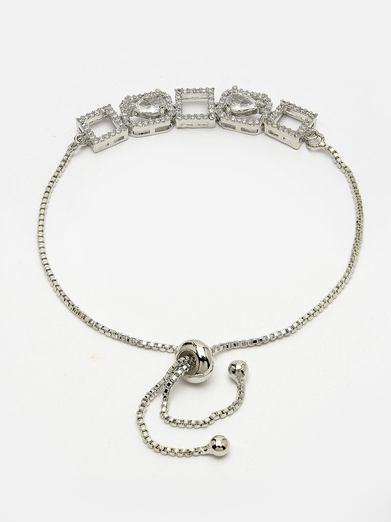 Rhodium Plated Silver Toned White Square Cut & Teardrop American Diamond Studded Wraparound Adjustable Bracelet