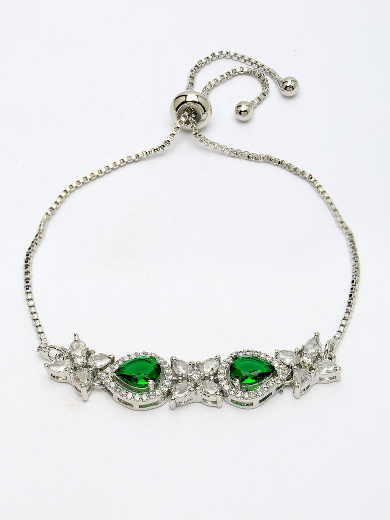 Rhodium Plated Silver Toned White Flower & Green Teardrop AD Studded Wraparound Adjustable Bracelet