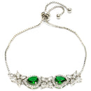 Rhodium Plated Silver Toned White Flower & Green Teardrop AD Studded Wraparound Adjustable Bracelet