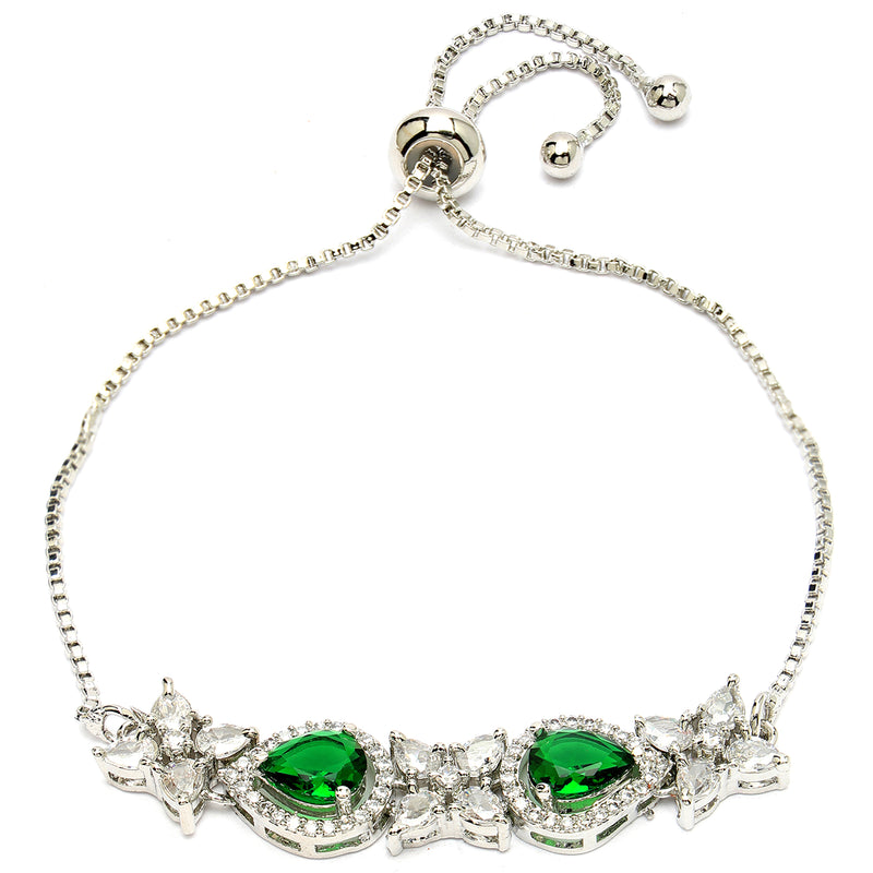 Rhodium Plated Silver Toned White Flower & Green Teardrop AD Studded Wraparound Adjustable Bracelet