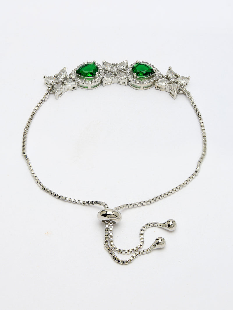 Rhodium Plated Silver Toned White Flower & Green Teardrop AD Studded Wraparound Adjustable Bracelet