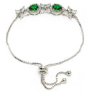 Rhodium Plated Silver Toned White Flower & Green Teardrop AD Studded Wraparound Adjustable Bracelet