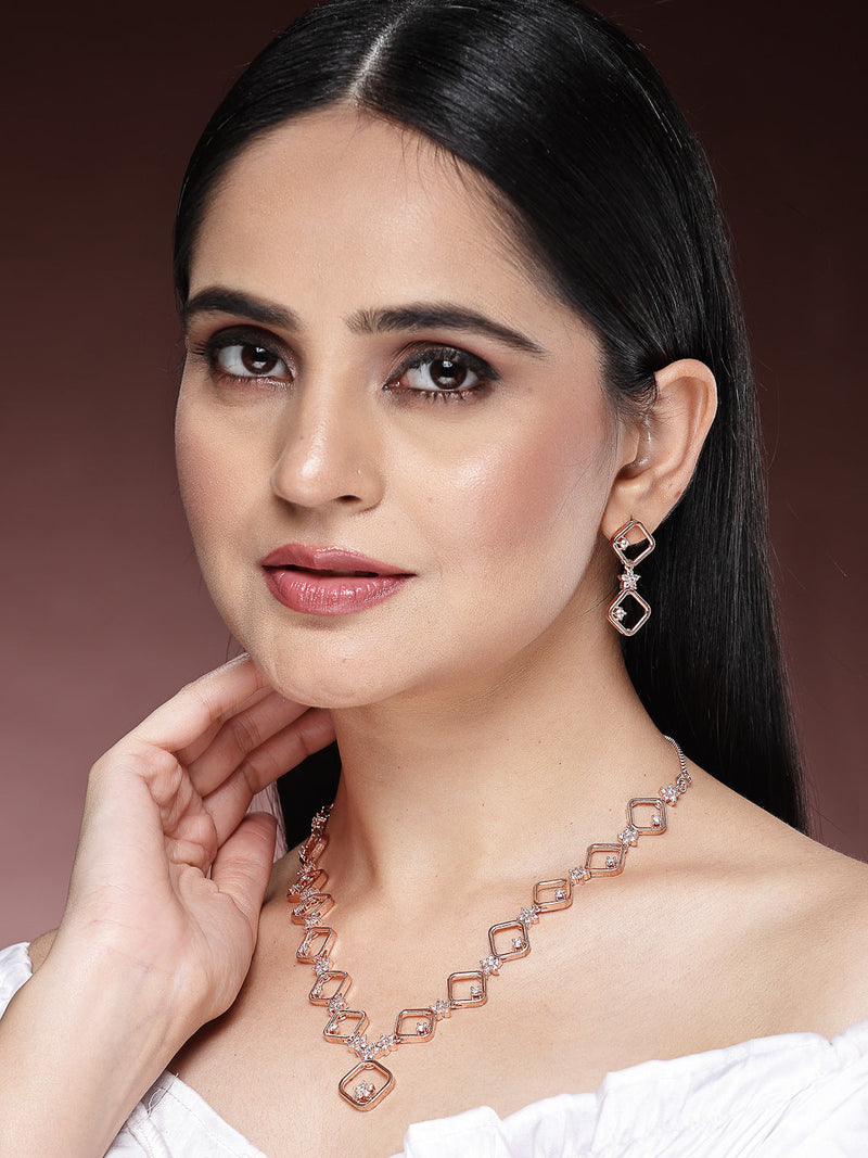 Rose Gold Plated Square Blossom Design with White American Diamond Stone Studded Jewellery Set