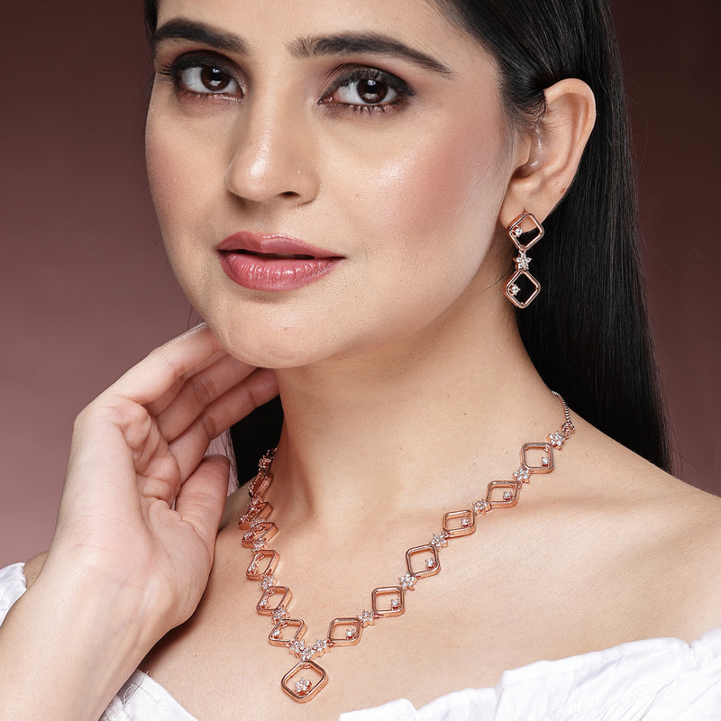 Rose Gold Plated Square Blossom Design with White American Diamond Stone Studded Jewellery Set