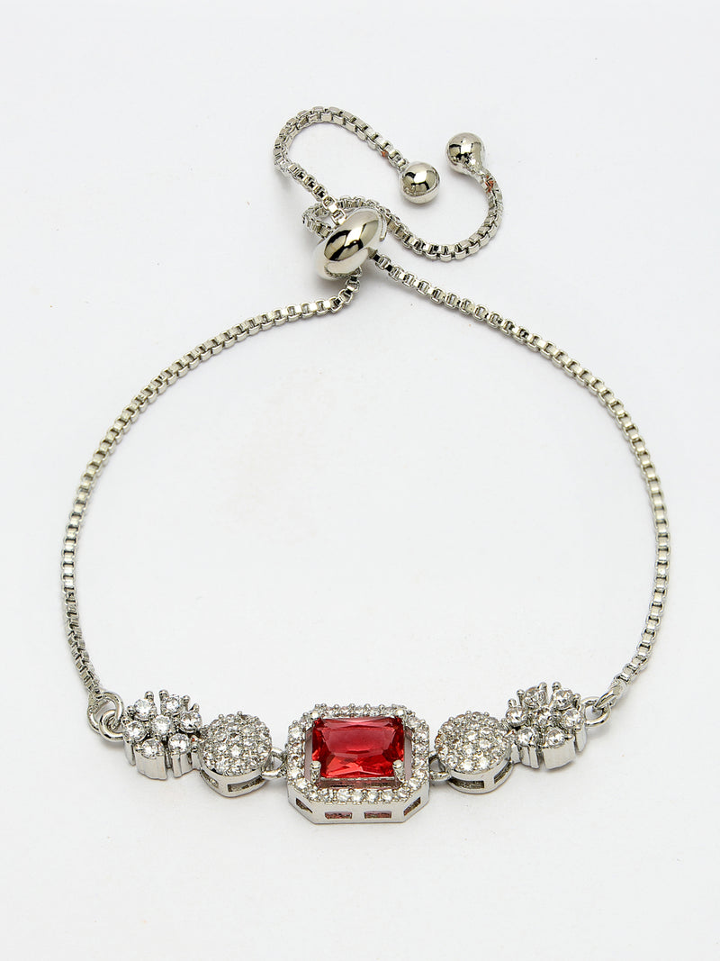 Rhodium Plated Silver Toned Red Square Centerpiece Ad Studded Bracelet With Beads & Floral Accents Wraparound Adjustable Bracelet