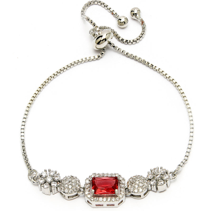 Rhodium Plated Silver Toned Red Square Centerpiece Ad Studded Bracelet With Beads & Floral Accents Wraparound Adjustable Bracelet