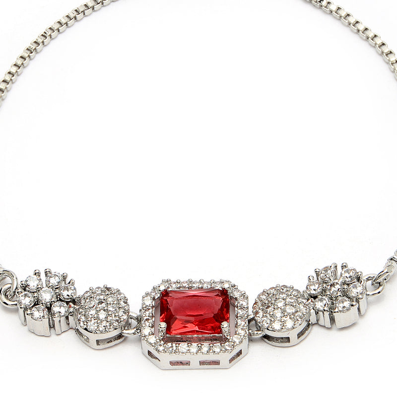 Rhodium Plated Silver Toned Red Square Centerpiece Ad Studded Bracelet With Beads & Floral Accents Wraparound Adjustable Bracelet