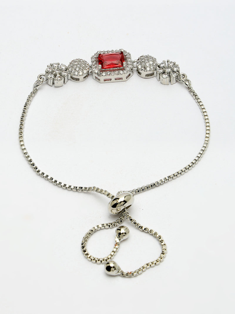 Rhodium Plated Silver Toned Red Square Centerpiece Ad Studded Bracelet With Beads & Floral Accents Wraparound Adjustable Bracelet