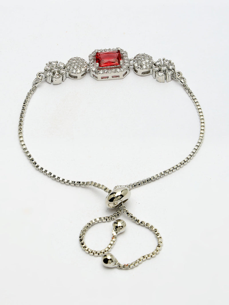 Rhodium Plated Silver Toned Red Square Centerpiece Ad Studded Bracelet With Beads & Floral Accents Wraparound Adjustable Bracelet