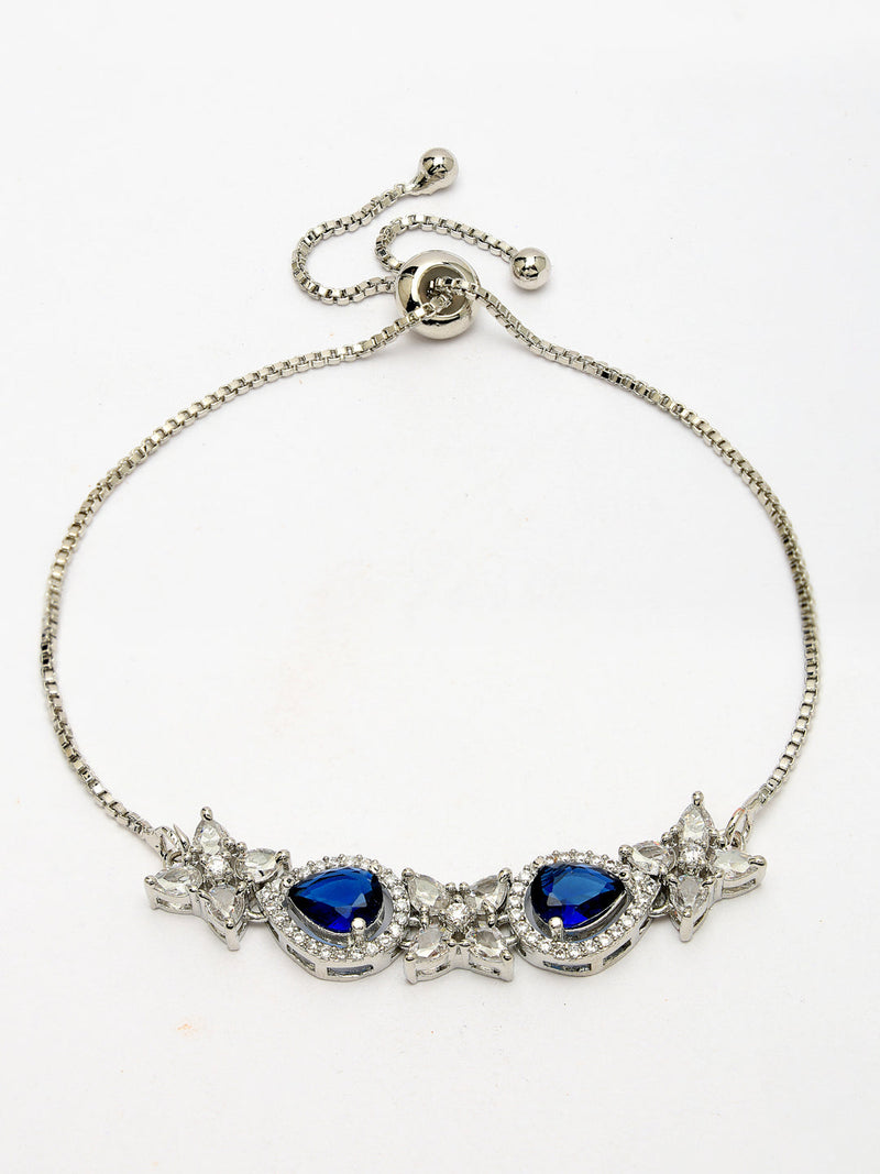 Rhodium Plated Silver Toned White Flower & Blue Teardrop American Diamond Studded Wraparound Adjustable Bracelet