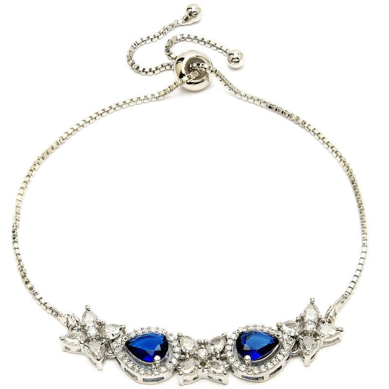 Rhodium Plated Silver Toned White Flower & Blue Teardrop American Diamond Studded Wraparound Adjustable Bracelet