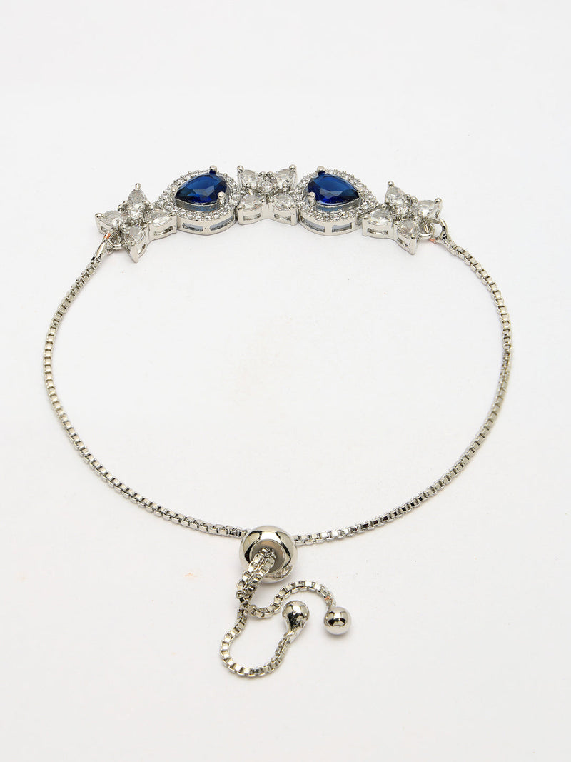 Rhodium Plated Silver Toned White Flower & Blue Teardrop American Diamond Studded Wraparound Adjustable Bracelet