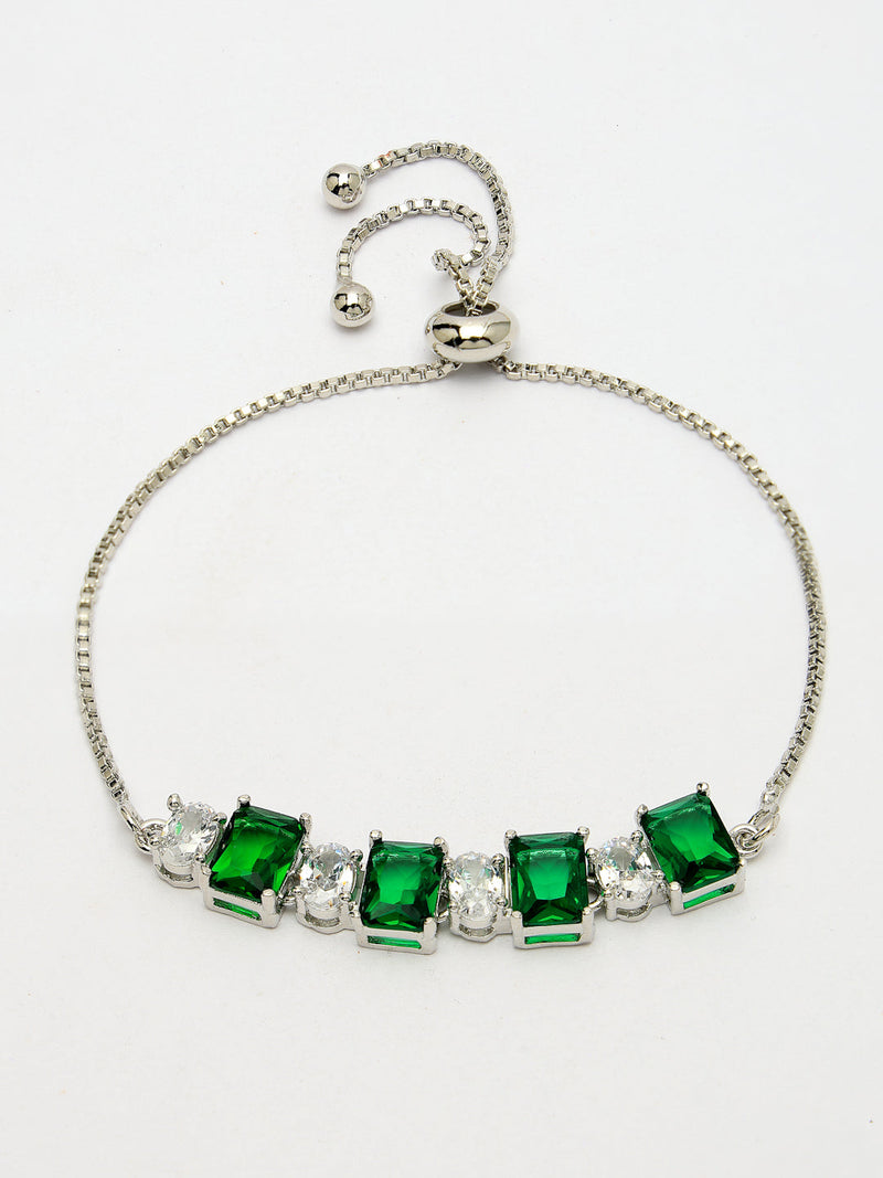 Rhodium Plated Silver Toned White Round & Green Square Cut AD Studded Wraparound Adjustable Bracelet