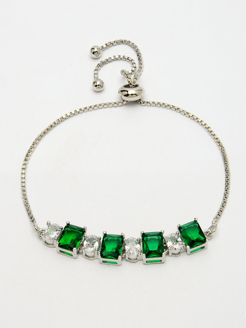 Rhodium Plated Silver Toned White Round & Green Square Cut AD Studded Wraparound Adjustable Bracelet