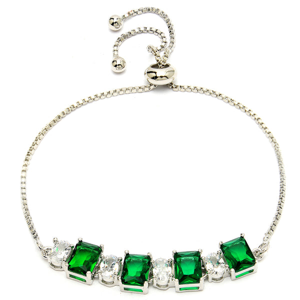 Rhodium Plated Silver Toned White Round & Green Square Cut AD Studded Wraparound Adjustable Bracelet