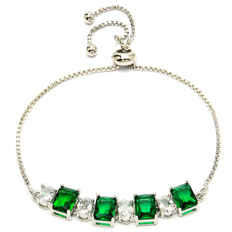 Rhodium Plated Silver Toned White Round & Green Square Cut AD Studded Wraparound Adjustable Bracelet