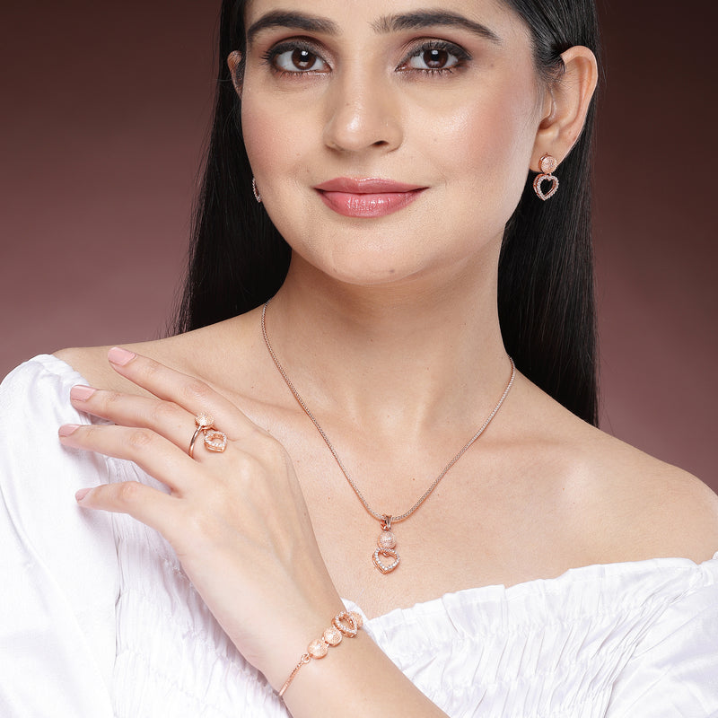 Rose Gold Plated with White American Diamonds Studded Heart Shaped Pendent Combo Set
