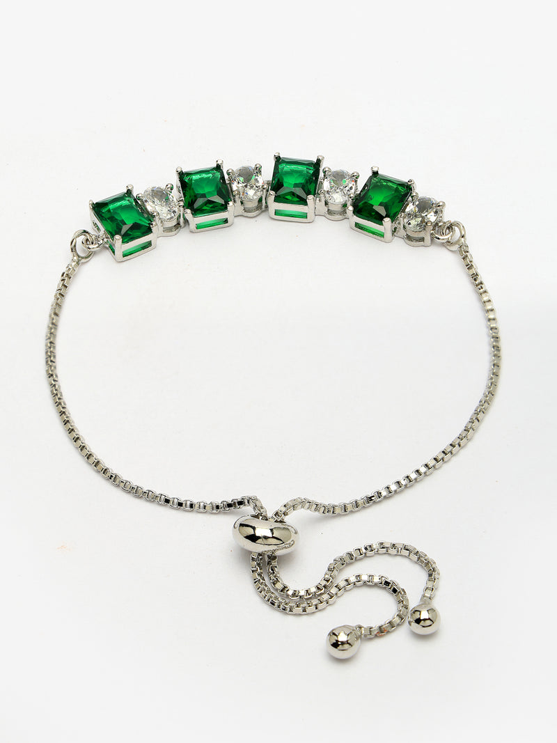 Rhodium Plated Silver Toned White Round & Green Square Cut AD Studded Wraparound Adjustable Bracelet