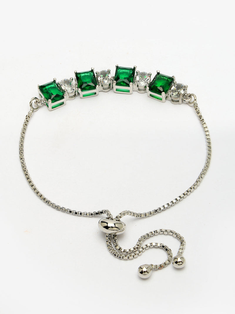 Rhodium Plated Silver Toned White Round & Green Square Cut AD Studded Wraparound Adjustable Bracelet
