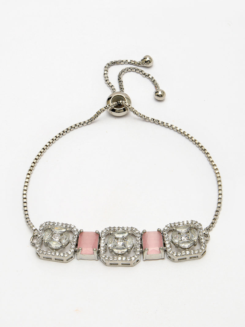 Rhodium Plated Silver Toned White Round & Pink Rectangle AD Studded  Wraparound Adjustable Bracelet