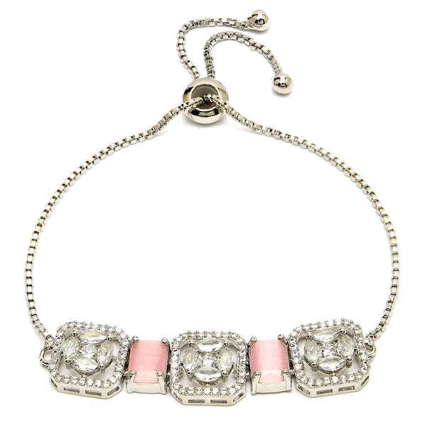 Rhodium Plated Silver Toned White Round & Pink Rectangle AD Studded  Wraparound Adjustable Bracelet