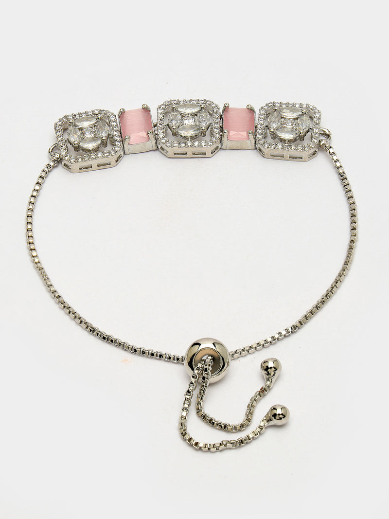 Rhodium Plated Silver Toned White Round & Pink Rectangle AD Studded  Wraparound Adjustable Bracelet