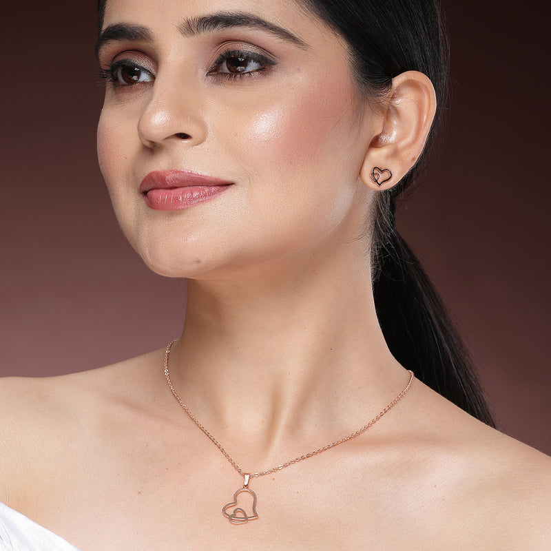 Rose Gold Plated with Stylish Heart Shaped Stainless Steel Pendant Set