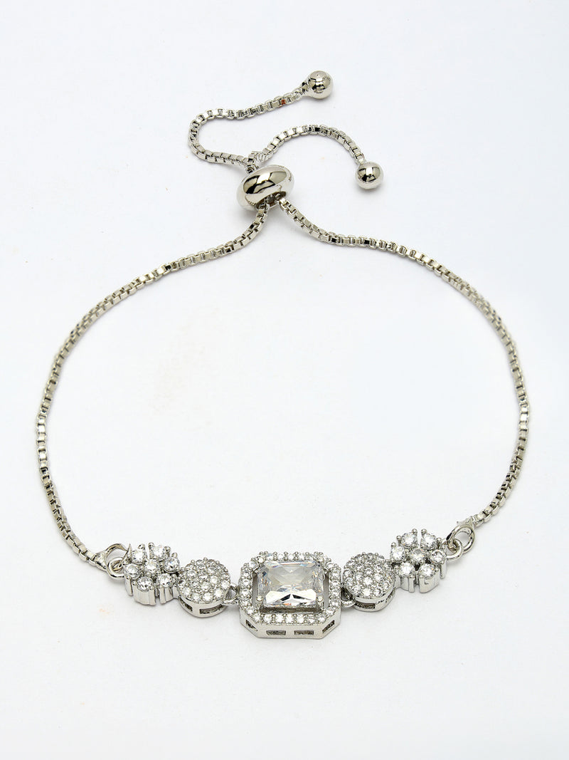 Rhodium Plated Silver Toned White Square Centerpiece American Diamond Studded Bracelet With Beads & Floral Accents Wraparound Adjustable Bracelet
