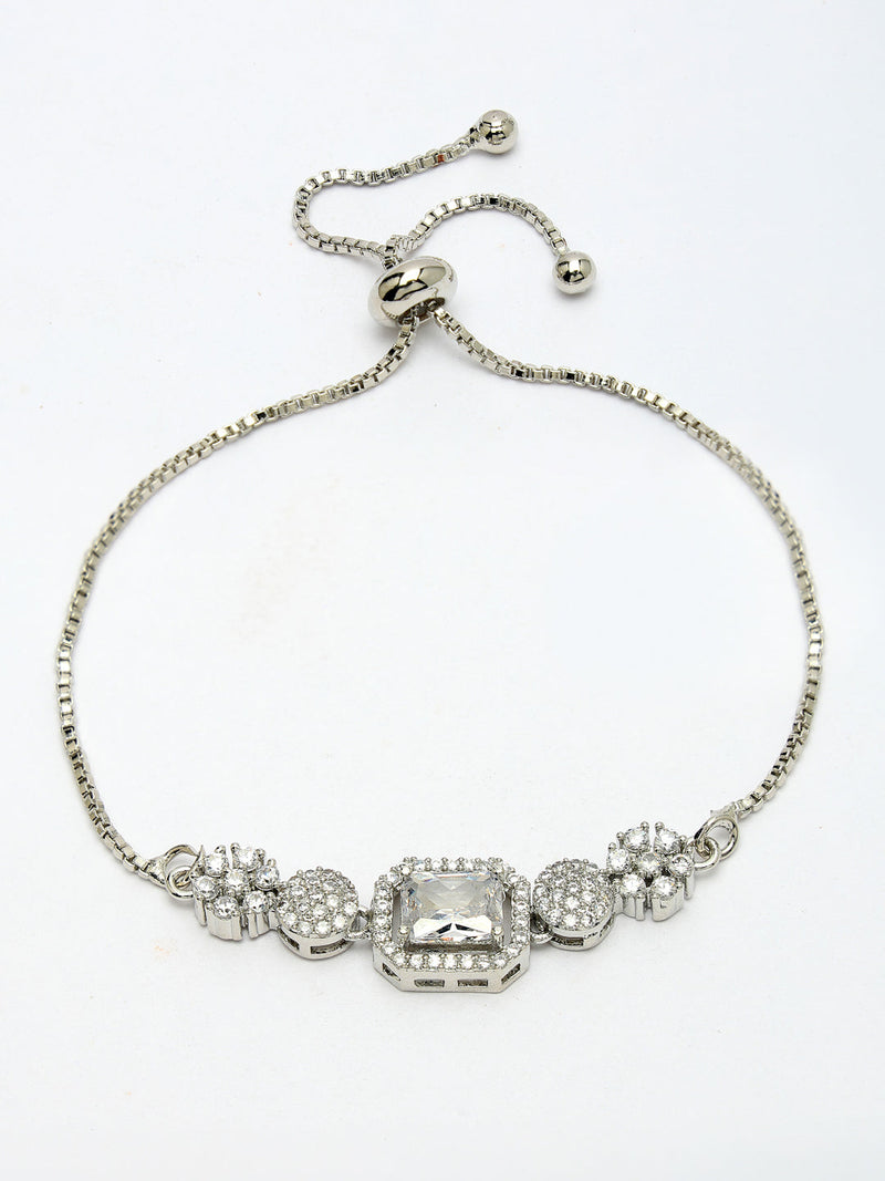 Rhodium Plated Silver Toned White Square Centerpiece American Diamond Studded Bracelet With Beads & Floral Accents Wraparound Adjustable Bracelet