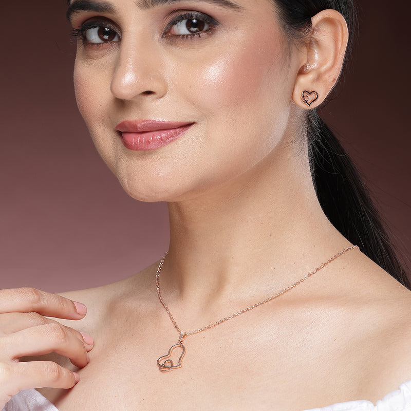 Rose Gold Plated with Stylish Heart Shaped Stainless Steel Pendant Set