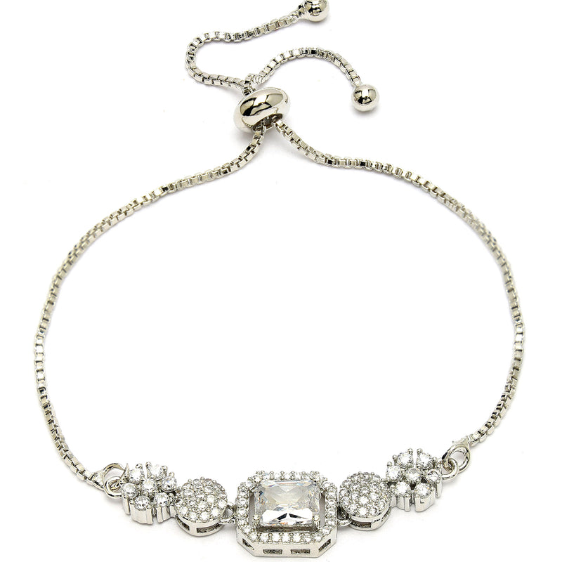 Rhodium Plated Silver Toned White Square Centerpiece American Diamond Studded Bracelet With Beads & Floral Accents Wraparound Adjustable Bracelet