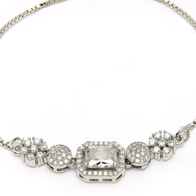 Rhodium Plated Silver Toned White Square Centerpiece American Diamond Studded Bracelet With Beads & Floral Accents Wraparound Adjustable Bracelet