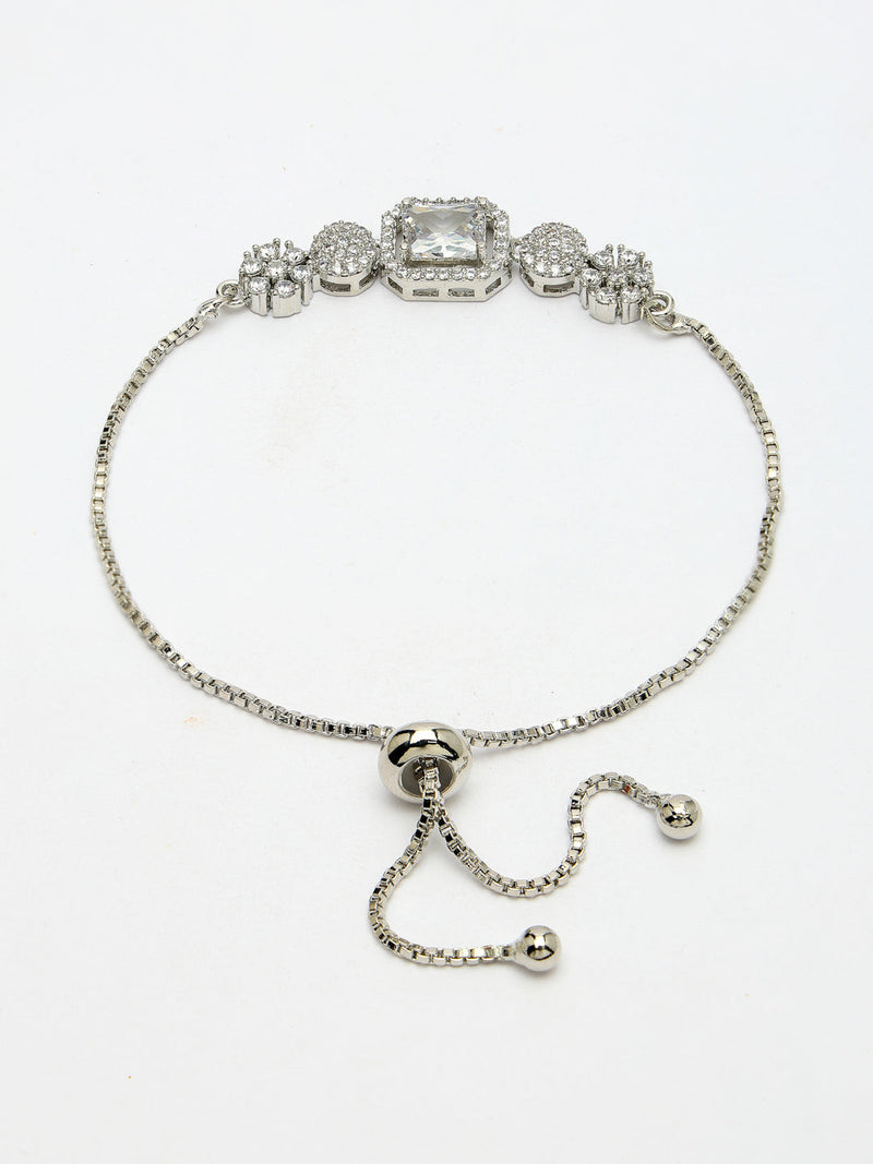Rhodium Plated Silver Toned White Square Centerpiece American Diamond Studded Bracelet With Beads & Floral Accents Wraparound Adjustable Bracelet