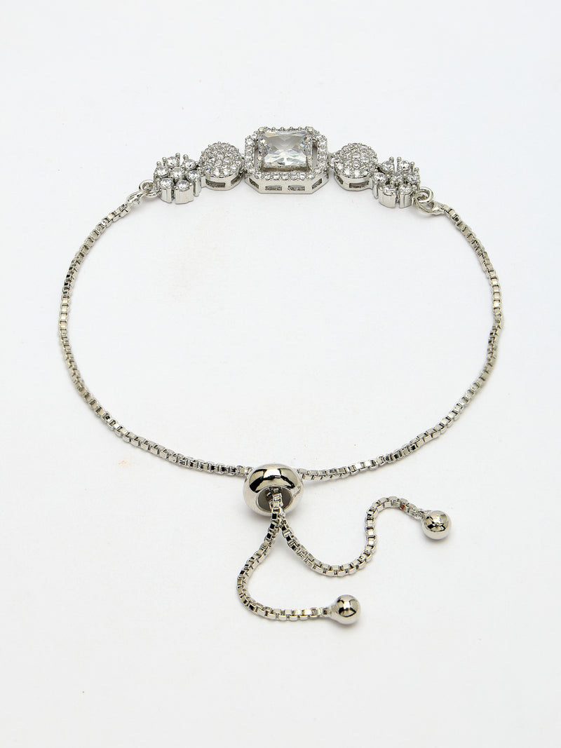 Rhodium Plated Silver Toned White Square Centerpiece American Diamond Studded Bracelet With Beads & Floral Accents Wraparound Adjustable Bracelet