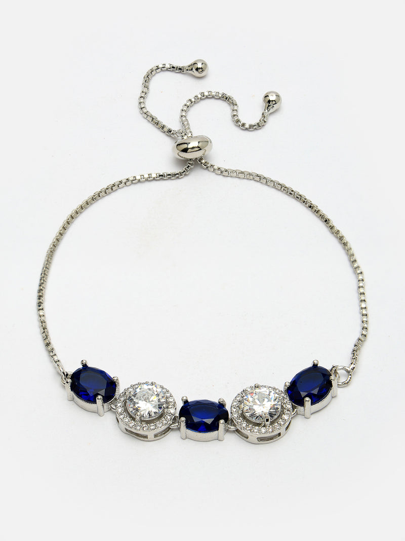 Rhodium Plated Silver Toned White Round & Blue  Oval AD Studded Wraparound Adjustable Bracelet