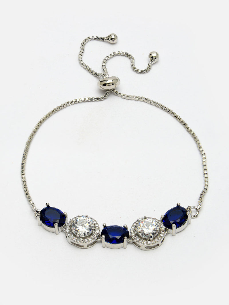 Rhodium Plated Silver Toned White Round & Blue  Oval AD Studded Wraparound Adjustable Bracelet