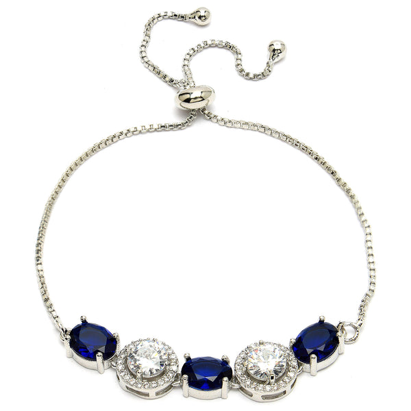 Rhodium Plated Silver Toned White Round & Blue  Oval AD Studded Wraparound Adjustable Bracelet