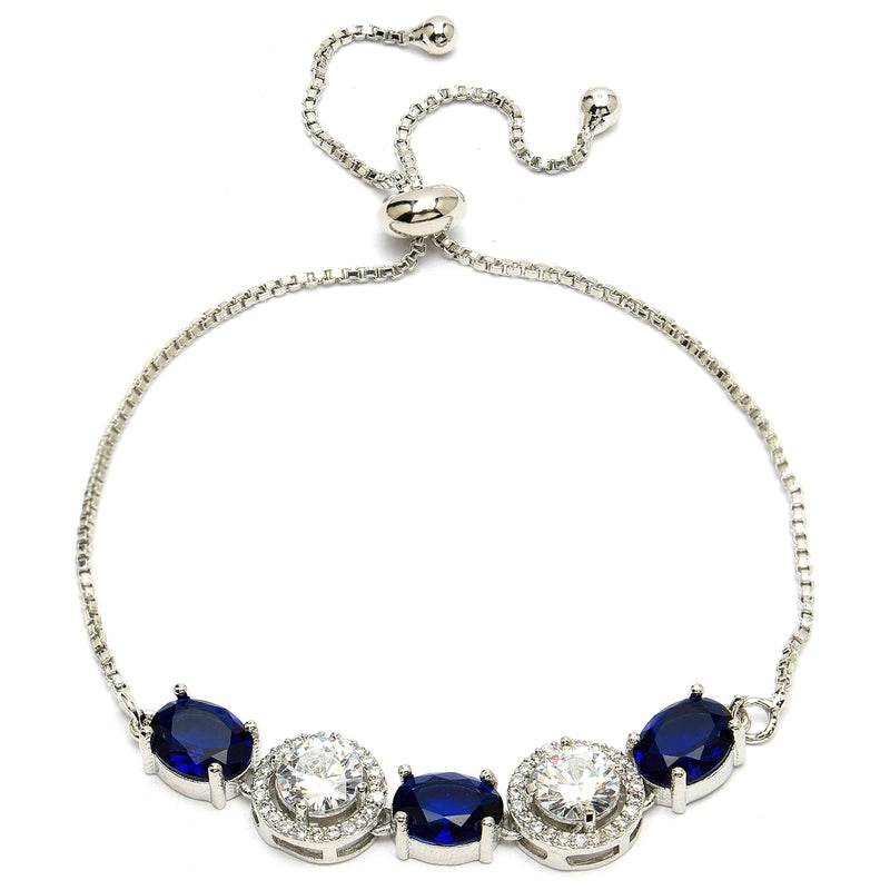 Rhodium Plated Silver Toned White Round & Blue  Oval AD Studded Wraparound Adjustable Bracelet
