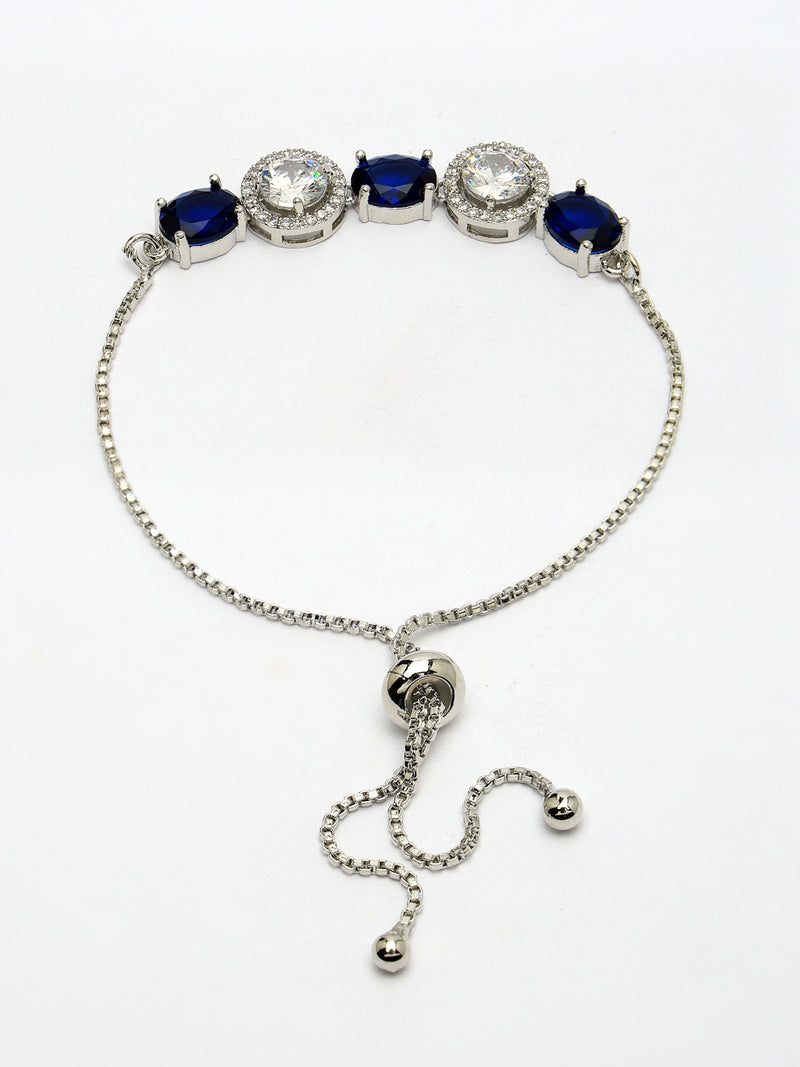 Rhodium Plated Silver Toned White Round & Blue  Oval AD Studded Wraparound Adjustable Bracelet