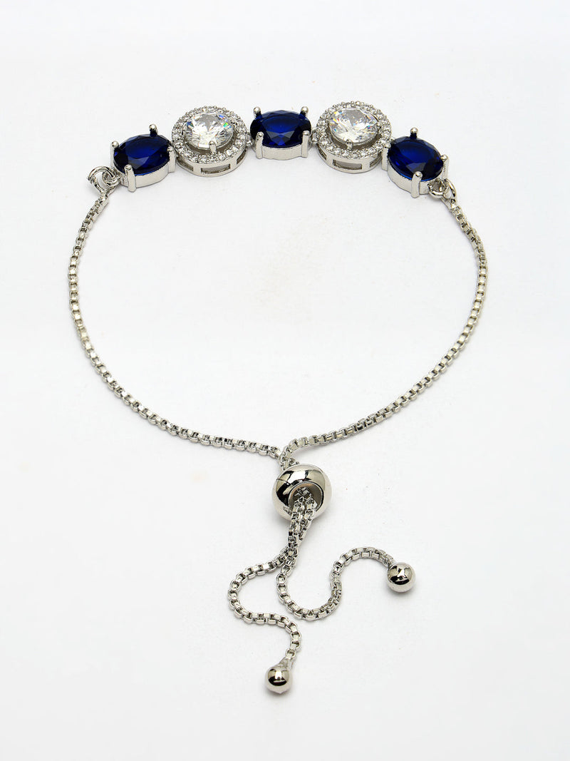Rhodium Plated Silver Toned White Round & Blue  Oval AD Studded Wraparound Adjustable Bracelet