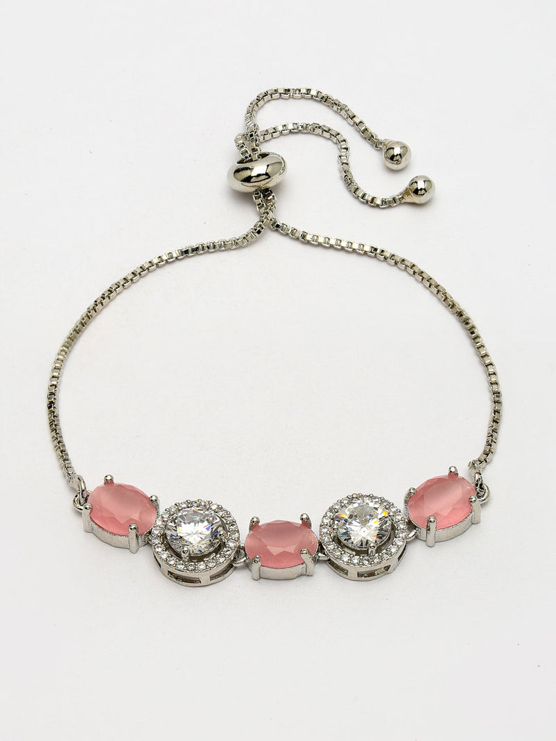 Rhodium Plated Silver Toned White Round & Pink Oval American Diamond Studded Wraparound Adjustable Bracelet